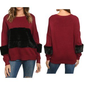 12th Love Red Sweater Black Faux Fur Accent NEW Unique Preppy Comfy Lounge